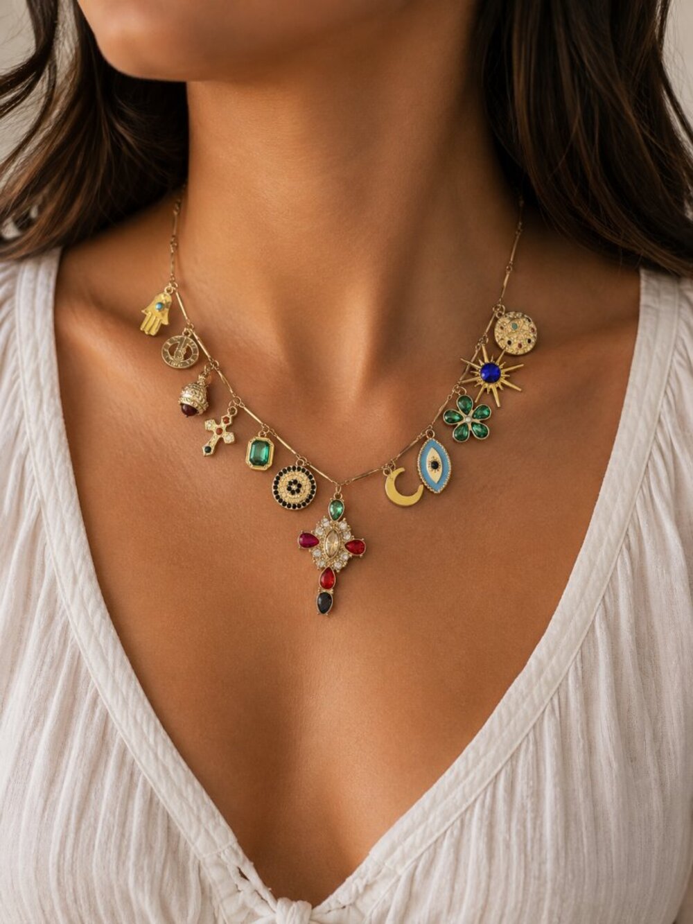 Gold Multicolor Eclectic Charm Necklace Celestial Evil Eye Statement Jewelry